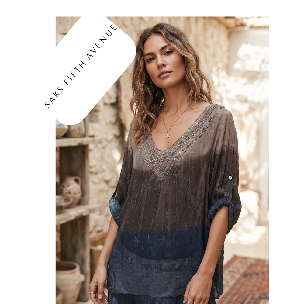 Saks Fifth Avenue Silk Ombre Sequin Crochet V-Neck‎ Tunic Blouse Taupe Navy S/M